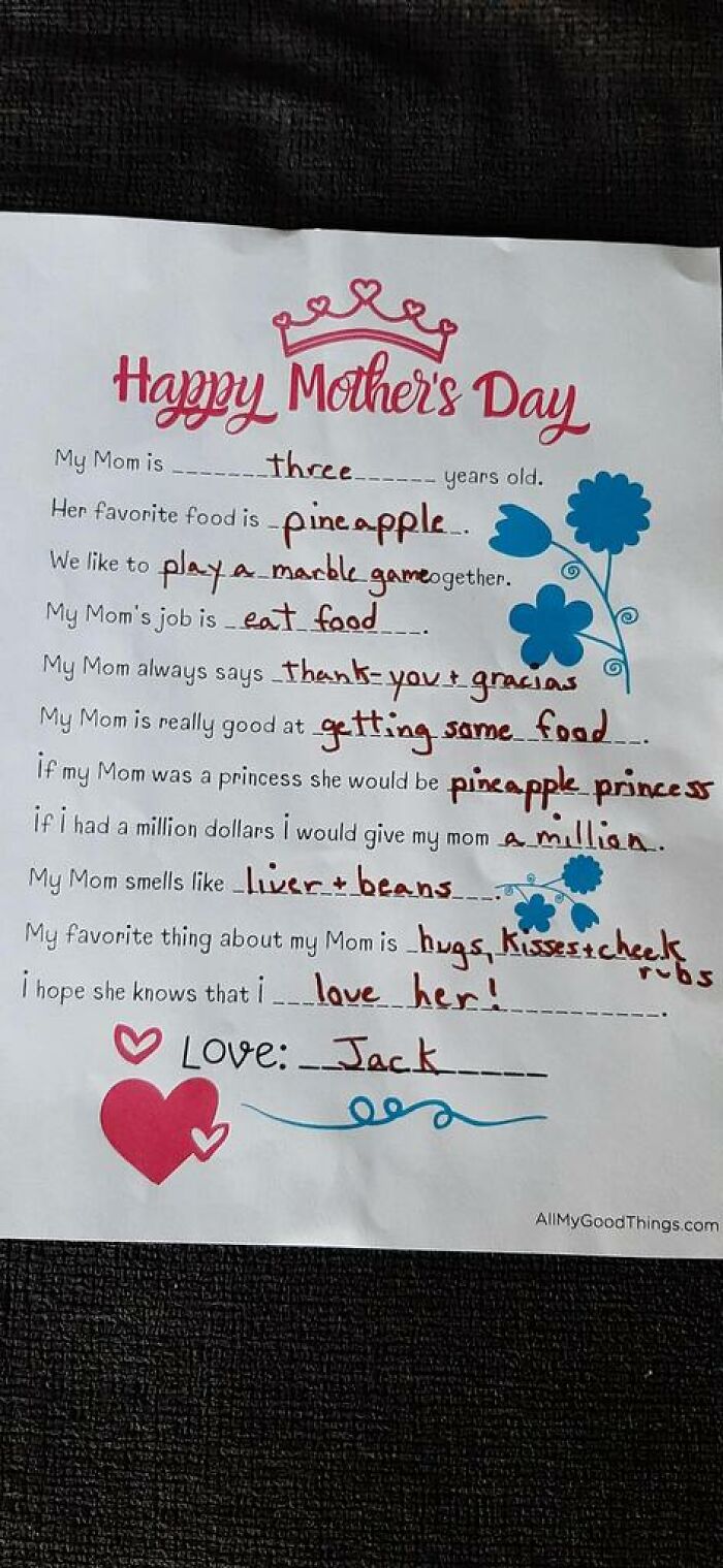 A Three Year Old's Answer In Mother's Day Card