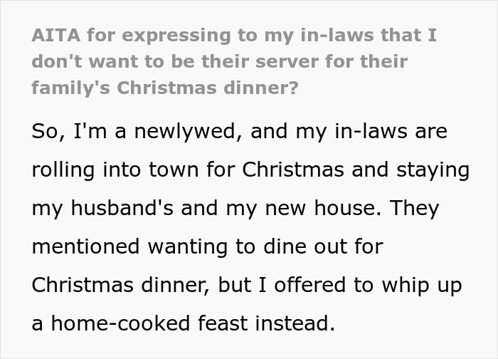 "You Are The Help": Woman Shares In-Laws Planned For Her To Serve Them During Christmas Dinner "You Are The Help": Woman Shares In-Laws Planned For Her To Serve Them During Christmas Dinner