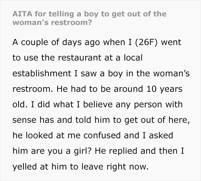 "Are You A Girl?": Woman Goes After A Boy In The Women's Bathroom, Is Surprised It Backfires "Are You A Girl?": Woman Goes After A Boy In The Women's Bathroom, Is Surprised It Backfires