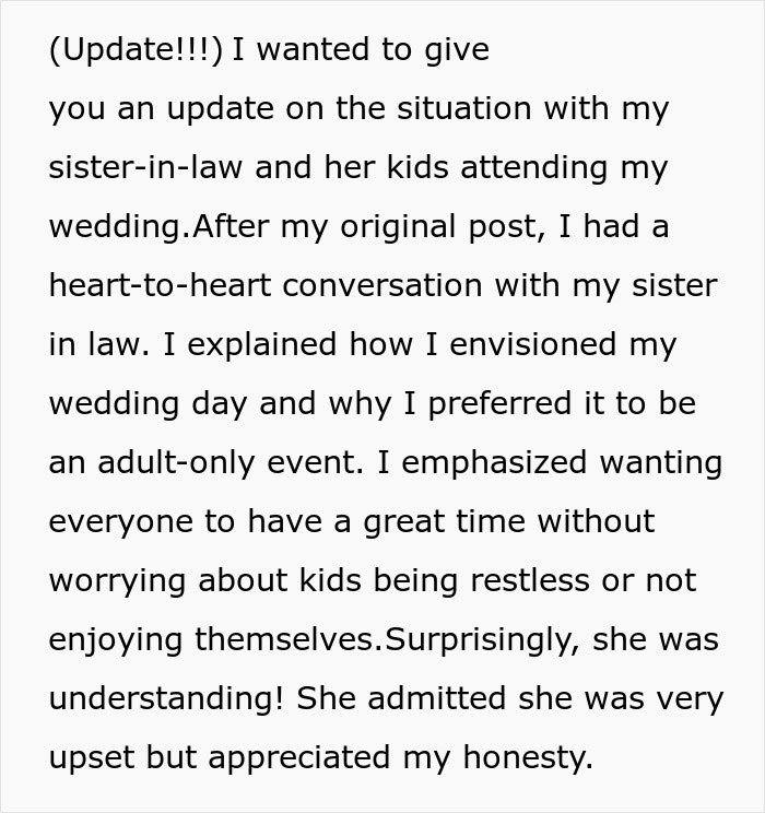 Bride Refuses To Make An Exception For SIL’s 4 Kids At Her Child-Free Wedding, Drama Ensues Bride Refuses To Make An Exception For SIL’s 4 Kids At Her Child-Free Wedding, Drama Ensues