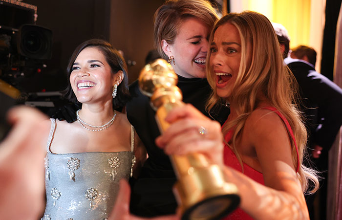 America Ferrera, Greta Gerwig, And Margot Robbie Celebrating Their Win For Barbie