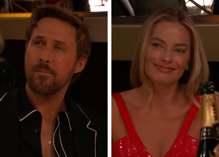 Two celebrities at an event, a man with a beard and a woman in a red dress, celebrating Greta Gerwig's Barbie response. Two celebrities at an event, a man with a beard and a woman in a red dress, celebrating Greta Gerwig's Barbie response.