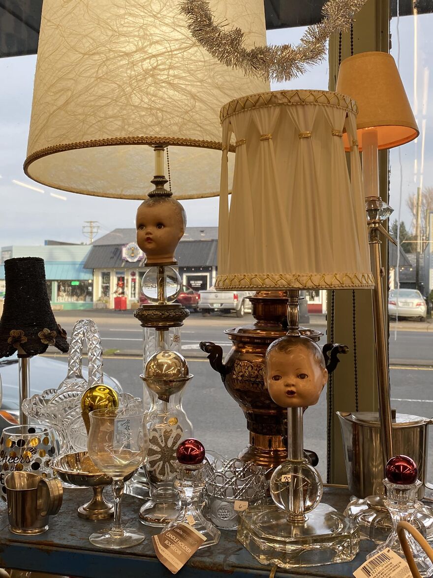 I Believe Alcohol May Have Been Involved When Someone Thought Putting Doll Heads Into Vintage Lamp Might Be A Thing 😂 Antique/Thrift Store On The Oregon Coast Update-Someone In The Post Recognized The Place(I Didn’t Look At The Name When I Was In There) And It’s Called Enough, Located In Waldport Oregon . Happy Hunting!