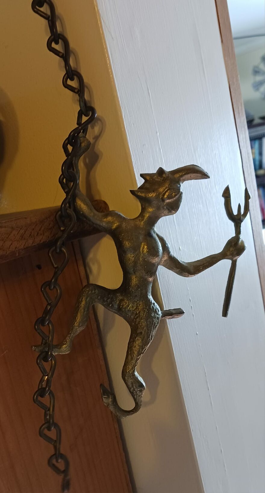 My All-Time Favorite Find In A Thrift Store, A Solid Brass Krampus! I Found Him Right Before Christmas And I Didn't Even Know Who He Was Yet! Edit: So Glad I Put Him Here, Several People Have Pointed Out He Is A Devil Fireplace Damper Pull. I Didn't Know! Thank You All!