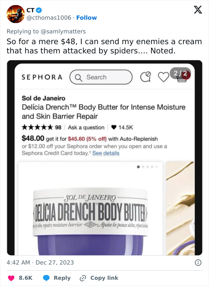 Sephora Lotion Goes Viral When Users Start Noticing Way More Spiders Around After Applying It Sephora Lotion Goes Viral When Users Start Noticing Way More Spiders Around After Applying It