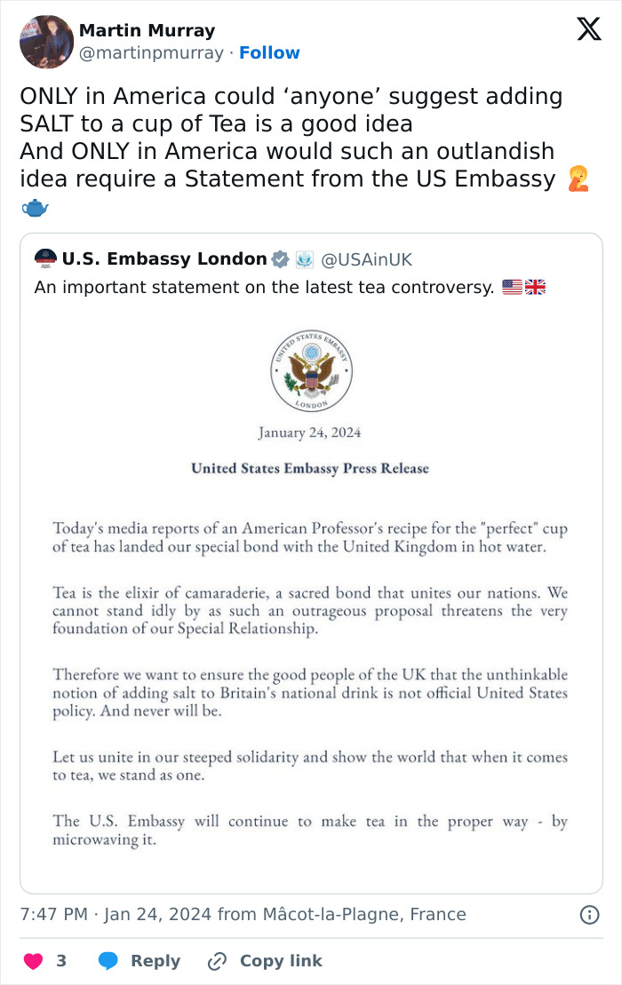 US Scientist Outrages The British With Advice About Tea, American Embassy Stirs The Pot Even More US Scientist Outrages The British With Advice About Tea, American Embassy Stirs The Pot Even More