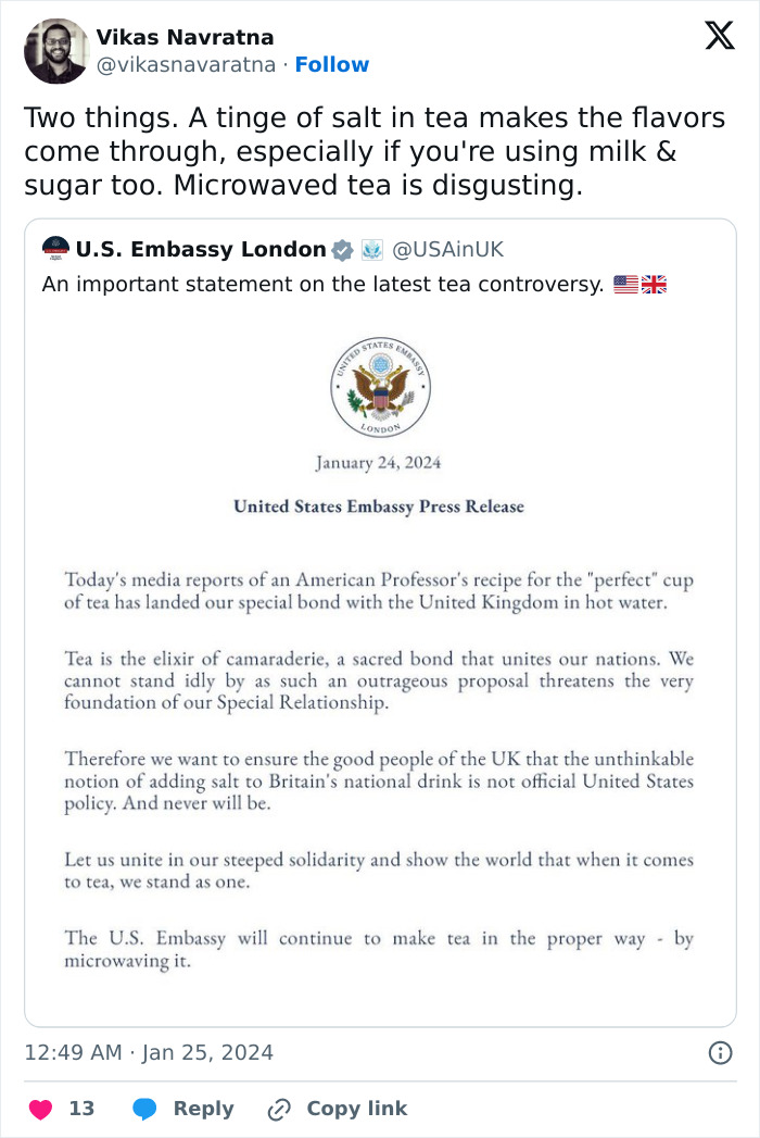 US Scientist Outrages The British With Advice About Tea, American Embassy Stirs The Pot Even More US Scientist Outrages The British With Advice About Tea, American Embassy Stirs The Pot Even More
