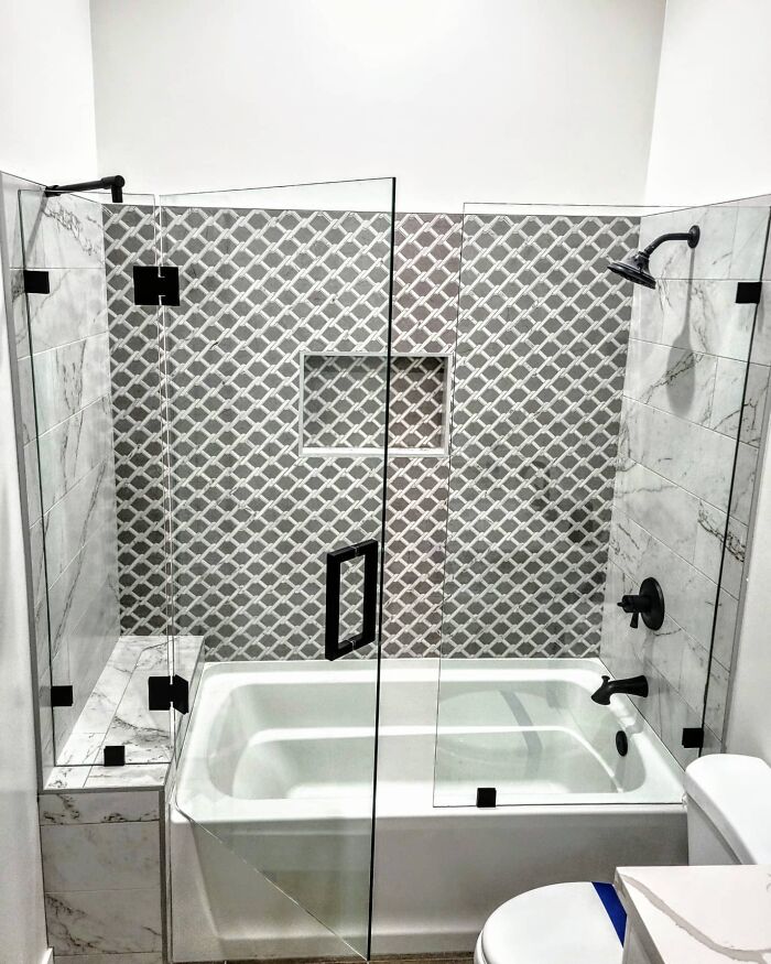 Glass, Black, And White Walk-In Tub With Shower