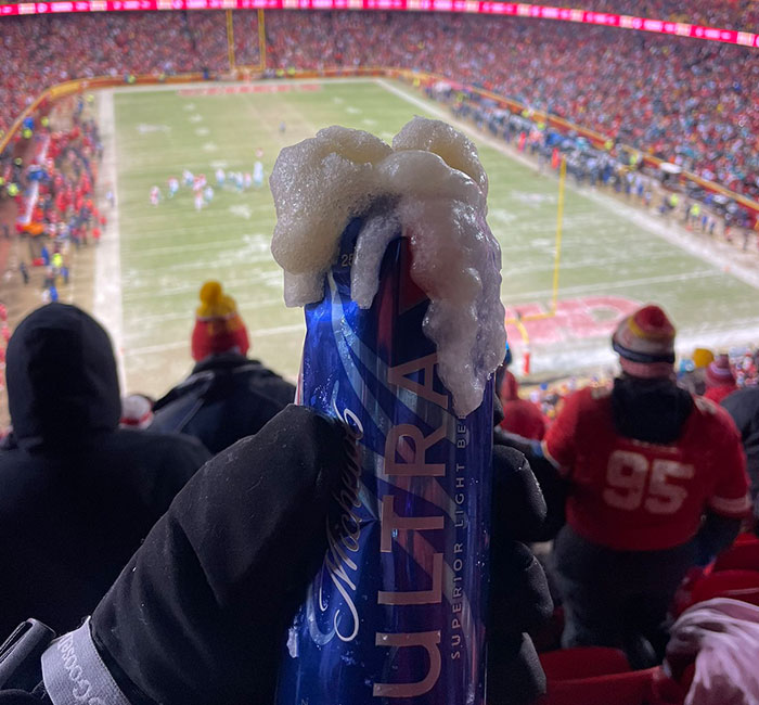 A can of beer with frozen foam at the Chiefs-Dolphins game, capturing the record-cold weather. A can of beer with frozen foam at the Chiefs-Dolphins game, capturing the record-cold weather.