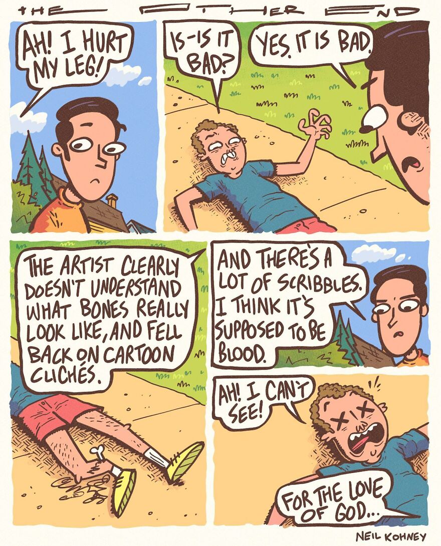 Comic by Neil Kohney using dark humor, featuring a character with an exaggerated leg injury discussing art style.