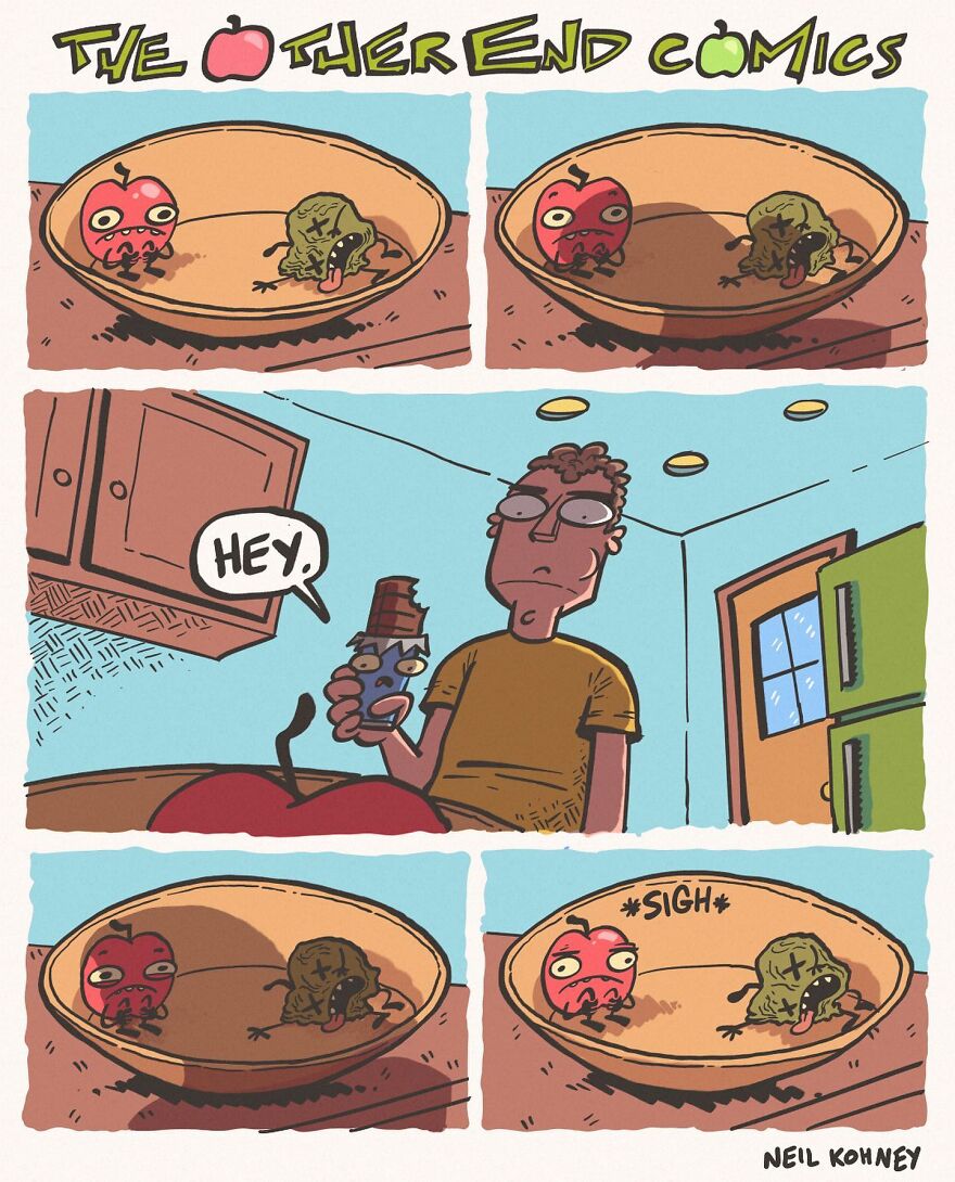Comic by Neil Kohney showing a comical scene with fruits in a bowl, emphasizing dark humor.