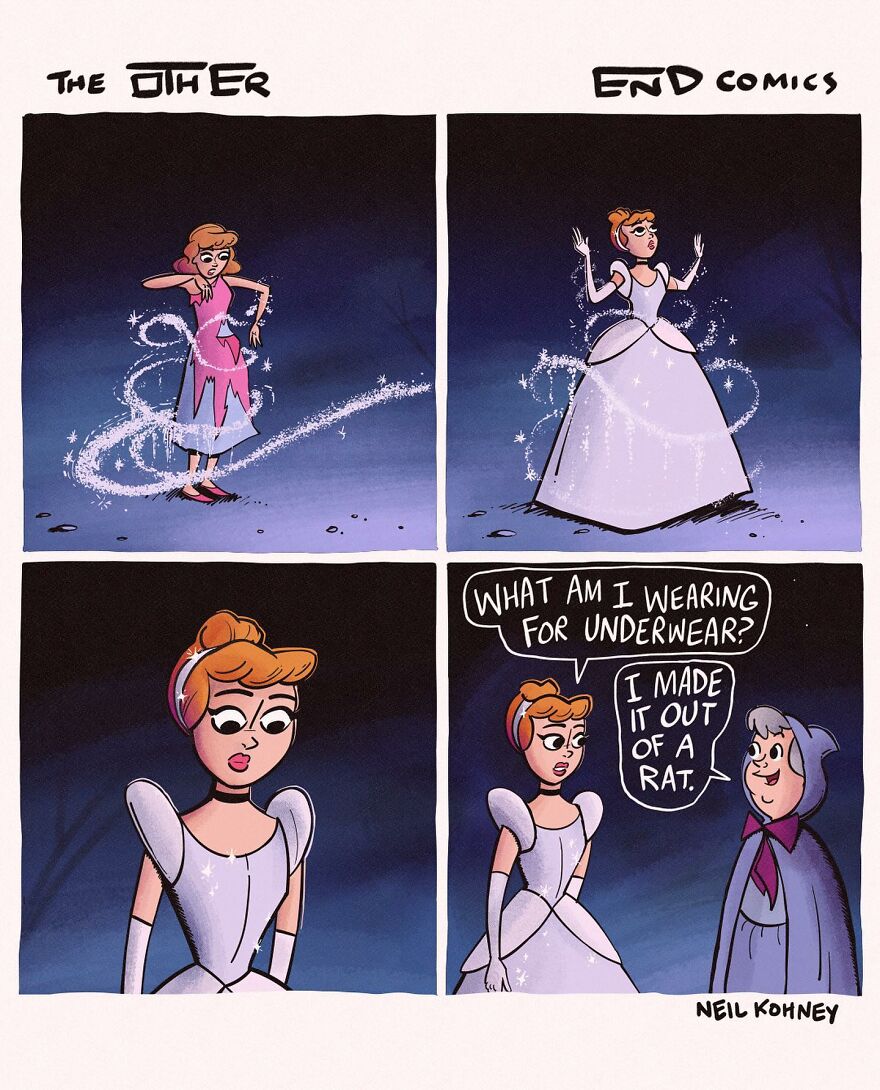 Neil Kohney comic illustrating a humorous Cinderella scene with dark humor.