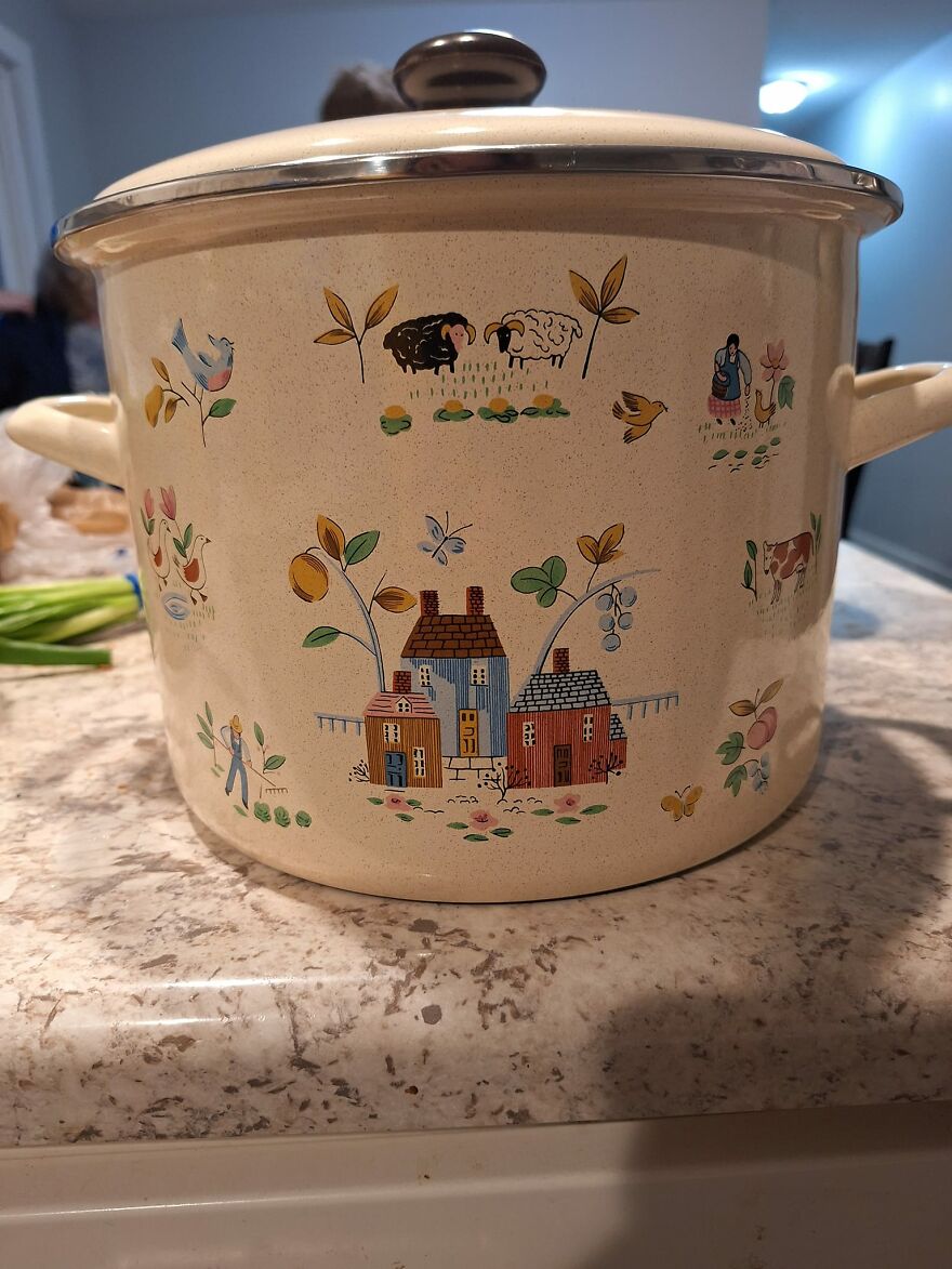 Bought This Stock Pot At A Thrift Store 2 Days Ago, And I'm Not Joking When I Say I Keep Opening The Cabinet Just To Look At It! Me And My Sister Made Up A Fun Little Story About It, We Imagine We Run An Animal Rescue, And I Live In The Yellow House, She Lives In The Red House, And The Blue House Is A Barn For Our Animals. Really Is The Best $10 I Ever Spent 💛