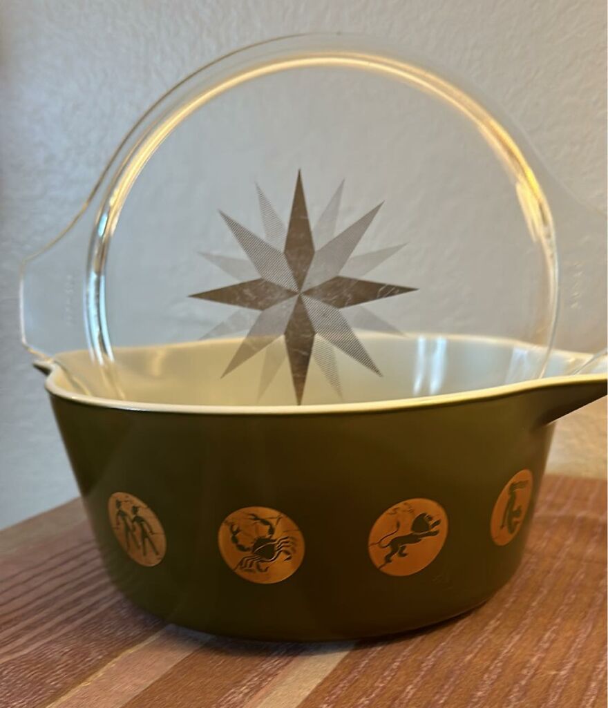 Completely Wonderful, Not Exactly Weird Except For The Circumstances. Found On The Side Of The Road In A Box Full Of Very Gross Kitchen Items. I Couldn’t Believe It, With The Lid And Everything!! I’ve Wanted A Zodiac Pyrex For A Long Time!! Wanted To Share My Happy Moment