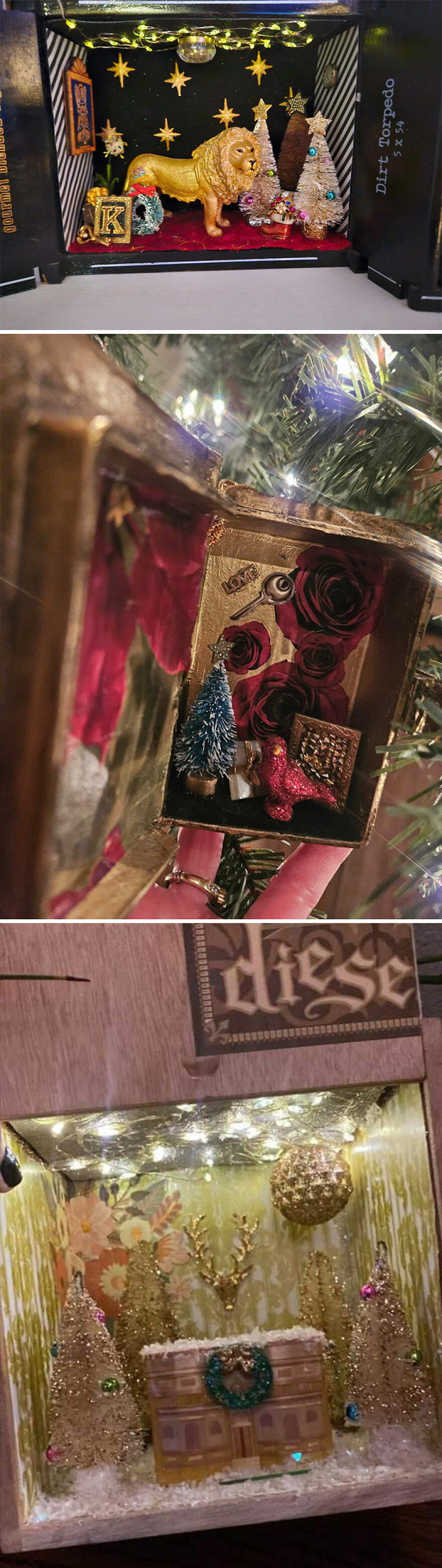 Several Years Ago When I Had No Extra Money, I Started Salvaging Items And Making Christmas Scenes Inside Small Boxes. I've Made Several Since, They Are Quite A Hit. All Found And Thrifted Objects, This One Even Has Cute Doorknobs That I Got From A Box Of Dollhouse Minis On Fb Marketplace! Edit: Pics Of Others I've Made Are In The Comments! People Always Ask Me Why I Don't Sell These But I Wouldn't Even Know What To Charge?? I've Always Made Them As Gifts So They Are Always A Little Bit Personalized Whether It's Color Or Theme Or Whatever. I Use Jewelry, Gift Wrap, Ornaments, Toys, Wrapping Paper, Etc, And Lots Of Glue. They're Very Fun To Make And People Really Do Love Receiving Them! Thank You For Looking And For All The Love!