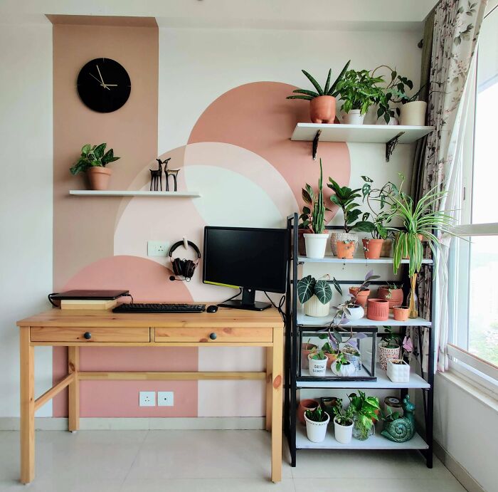 Photo of color-block painted room with computer and plants in it