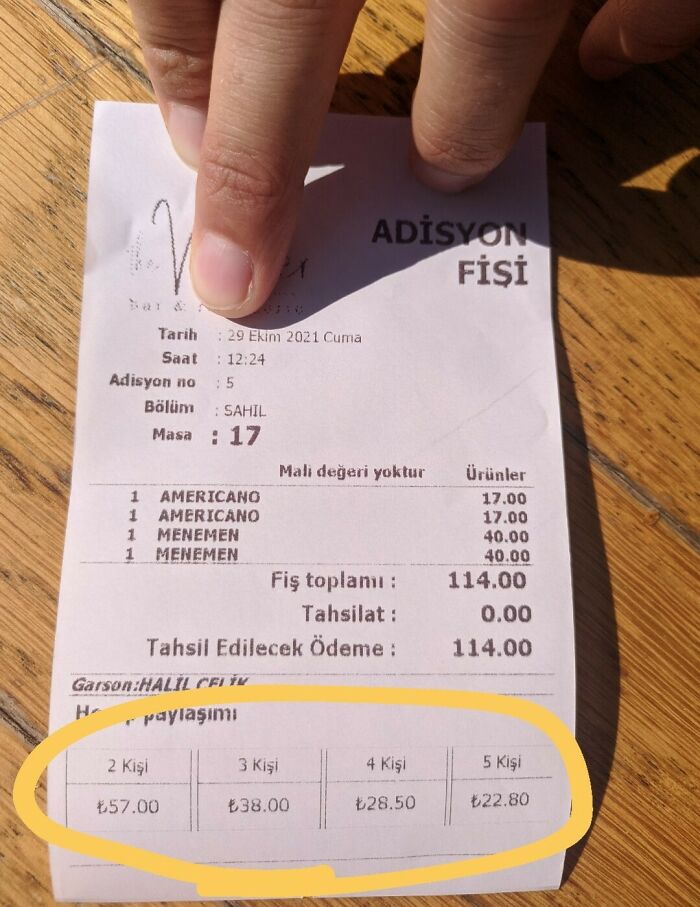 This Bill In Turkey Tells You How Much Each Person Would Need To Pay If You Split It Equally