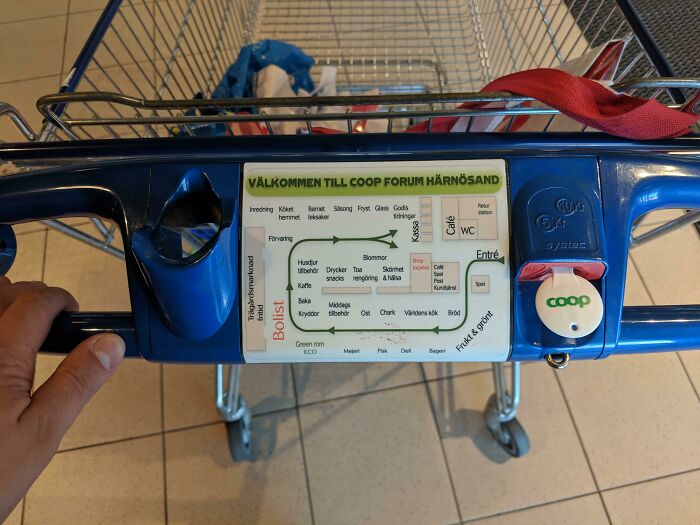 Carritos de la compra en Suecia con un mapa del supermercado