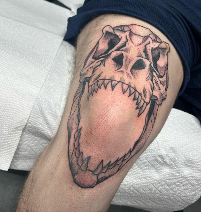 We Named Him Chomper From The Land Before Time. Thanks For The Time And Trust On This T-Rex Skull Around The Knee
