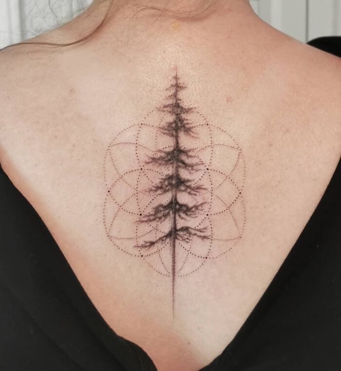 Pine tree and geometry tattoo on back