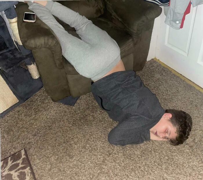 My Son, Forever Falling Asleep In The Most Random, And Uncomfortable, Crazy Positions... The Kid Has So Many Places He Could Sleep, And He Picks This