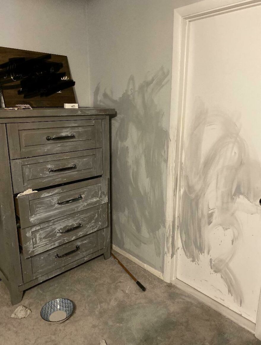 Bucket Of Paint Fell From Attic, Wiping Out Dresser, Carpet And Walls