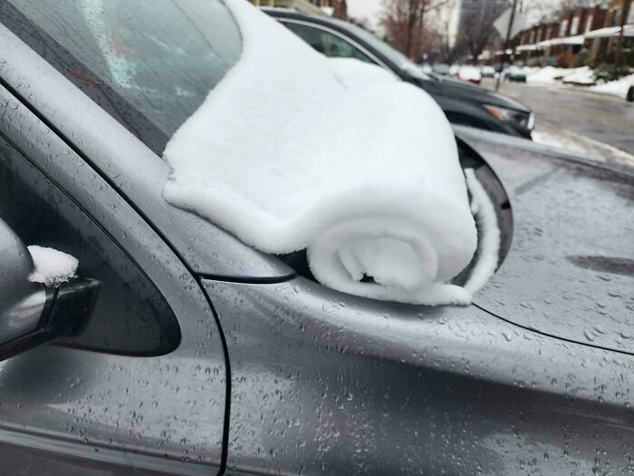 The Snow On My Car Window Rolled Up Like A Swiss Roll Cake This Morning