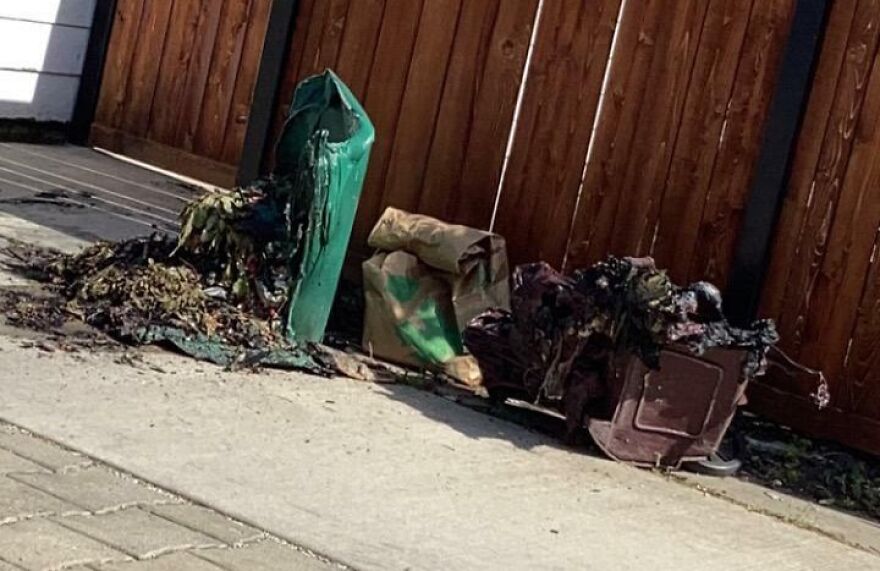 Neighbor Across From Me’s Trash Cans. I Don’t Know What Happened To Them, My Dad Says They Weren’t Like This When He Left For Work In The Morning