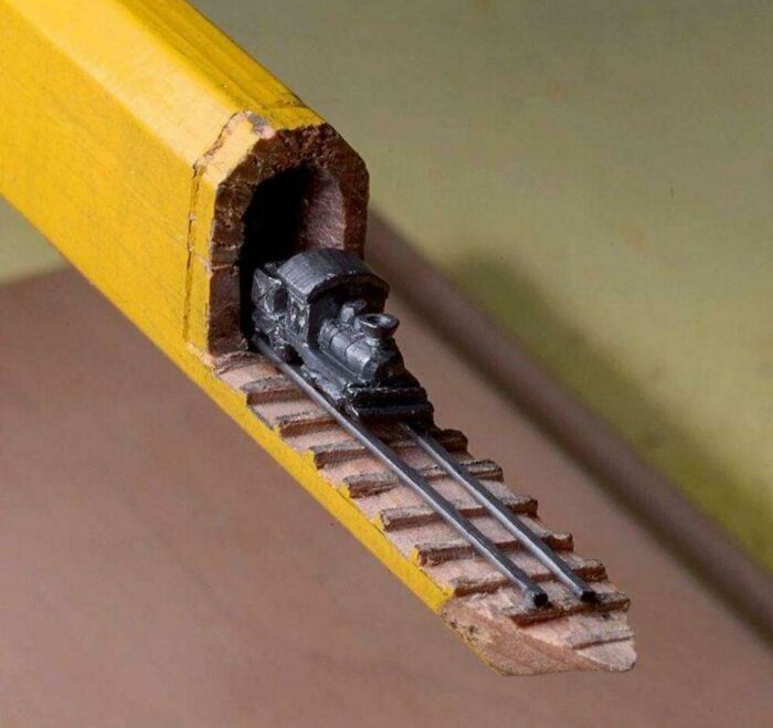 A Train Carved From The Tip Of A Pencil. (Artist: Cindy Chinn)