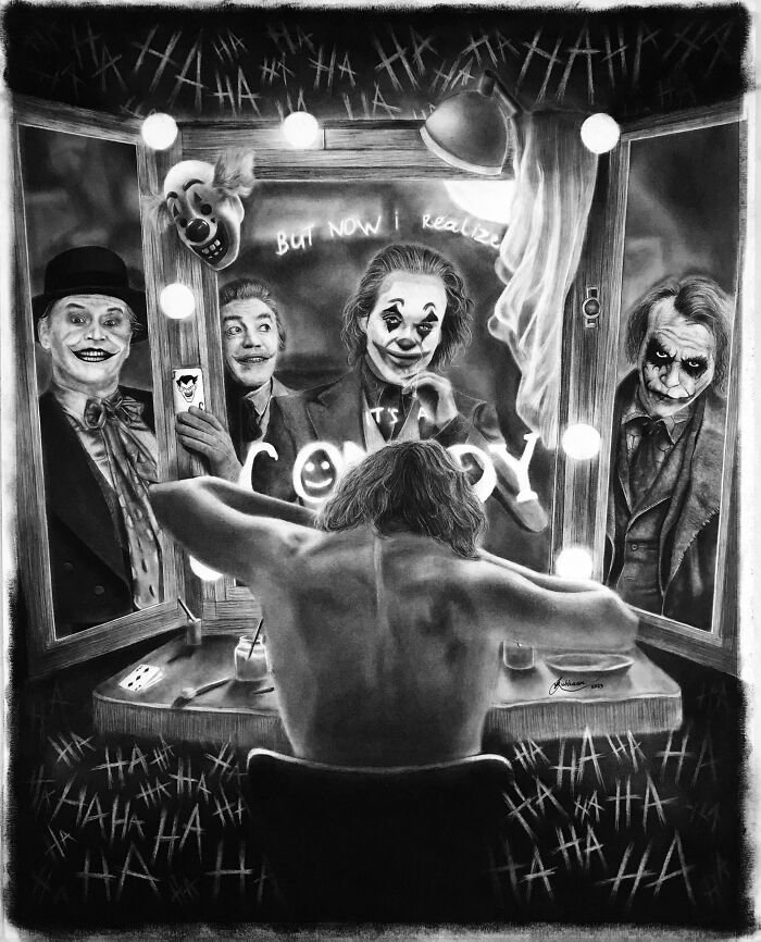 My Completed Charcoal Drawing Featuring 5 Iconic Jokers! It Took Me A Month To Create!