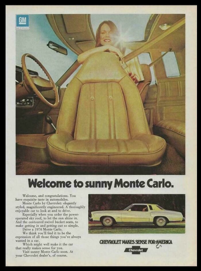 “Welcome To Sunny Monte Carlo” Chevrolet Ad, 1974. Check Out Those Swiveling Bucket Seats!