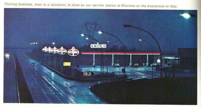 Amoco Station In Italy, Featuring Five Corner Pole Signs! (From The 1972 Standard Oil Company Indiana Annual Report.)