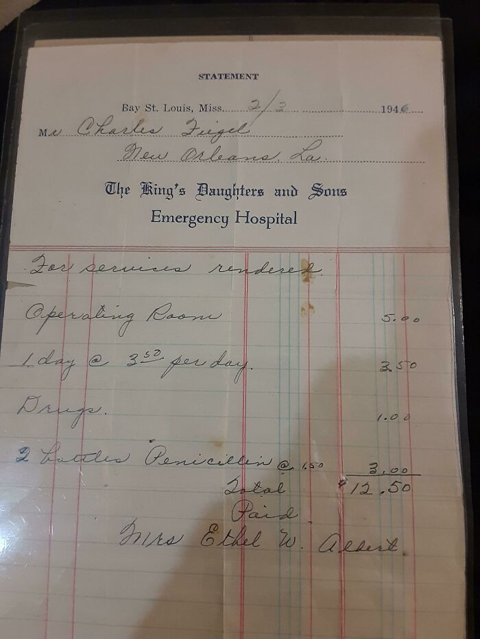 Hospital Bill From When My Grandpa Blew Up A Stump With Homemade Tnt And Lost His Eye