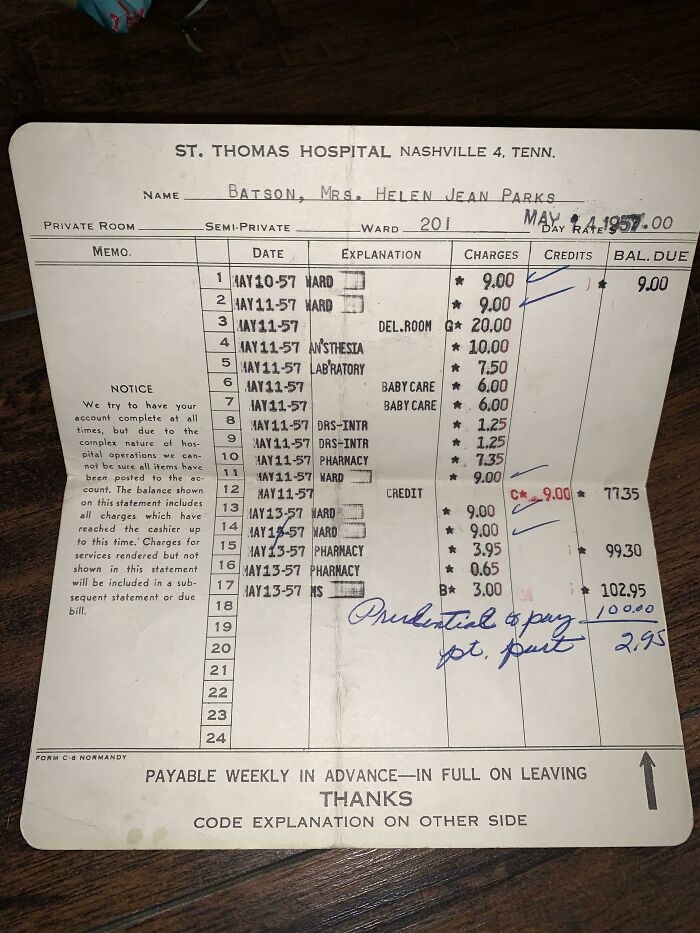 My Grandmama Just Passed Away And We Found The Hospital Bill Of When She Had My Aunt In 1957. Insurance Paid $100 So They Ended Up Paying $2.95 For Having A Baby