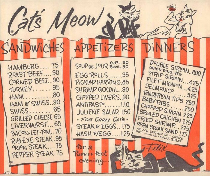Cat's Meow Restaurant, Fort Lauderdale Florida, 1950s Menu