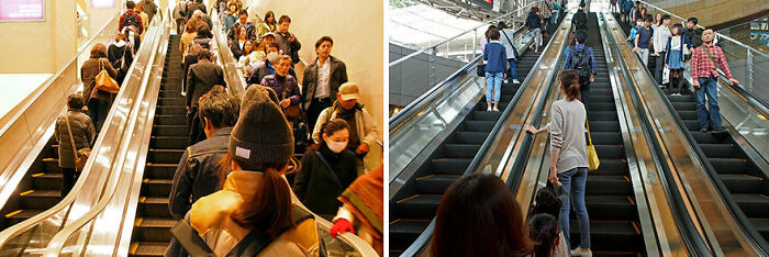 Photographer captures crowded escalators in Japan for Déjà Vu project, showing bustling commuters in urban setting.