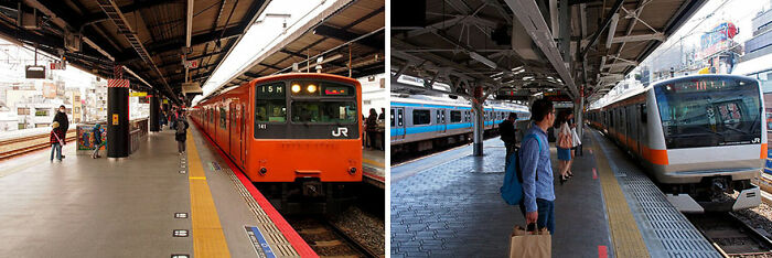 Photographer captures trains at a Japanese station, showcasing déjà vu through similar scenes and colors in Japan.