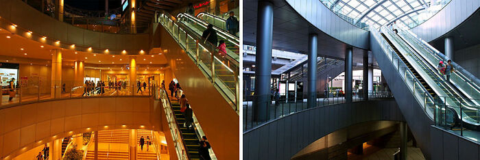Photographer captures escalator scenes creating a "déjà vu" effect in Japan's architecture.