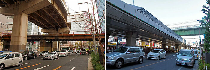 Urban scene in Japan with elevated highways and cars, capturing a “Déjà Vu” atmosphere by a photographer.