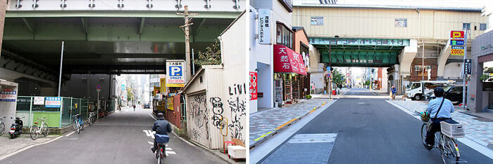 Photographer captures "Déjà Vu" moments in Japan, featuring cyclists under urban overpasses.