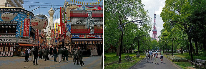 Street scenes in Japan, showcasing bustling city life and serene park views, captured by a photographer exploring “Déjà Vu.”