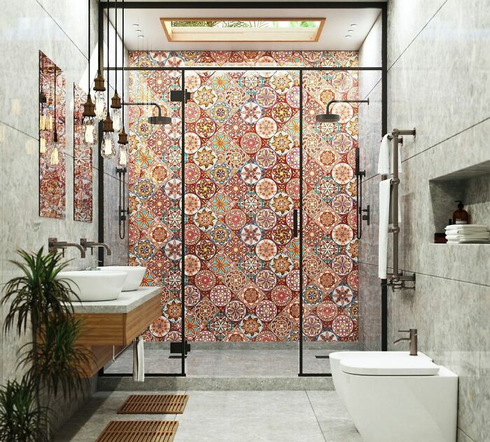 Bathroom with ornamental accent wall