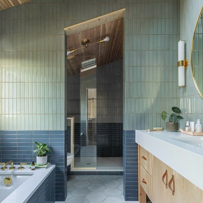 Photography of bathroom with blue and green tiles