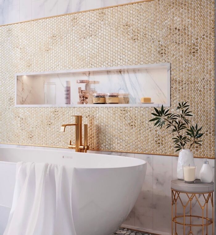 Bathroom with yellow penny style tiles