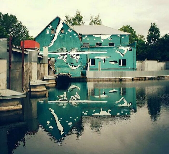 Mural Is Intentionally Painted Upside Down To Reflect Right Side Up On The Water