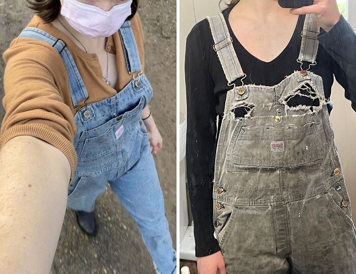 My Work Overalls When I First Thrifted Them In November 2020 vs. April 2023