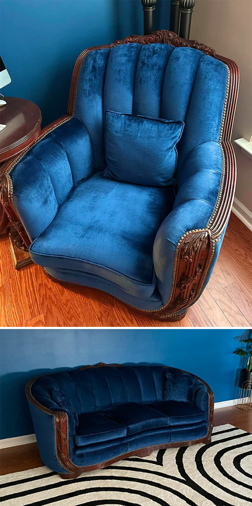 I Picked Up This 1930s Velvet, Curved Couch And Matching Club Chair From An Estate Sale In Virginia. It’s Almost Pristine Condition, I Can Tell It Was In Someone’s “Do Not Go In There” Living Room. The Mirror Was The Top Part Of A Giant, Vintage Buffet That Was Destijed For The Dump So I Took It. Cut The Bottom Wood Support Rods Off, Cleaned And Stained It, And Even Hung It Myself ( It Is Huge) Cats Were Secondhand From Spca And From A Guy At A Waterpark. Still Piecing This Room Together With Second Hand Finds