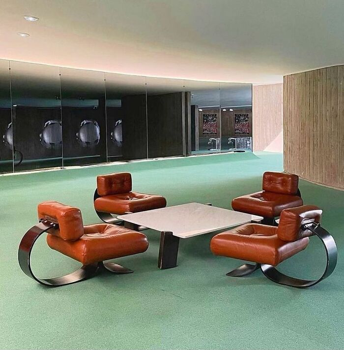 French Communist Party Headquarters In Paris, Designed By Oscar Niemeyer 1980. Alta Lounge Chairs & Coffee Table Designed By Niemeyer And His Daughter Anna Maria