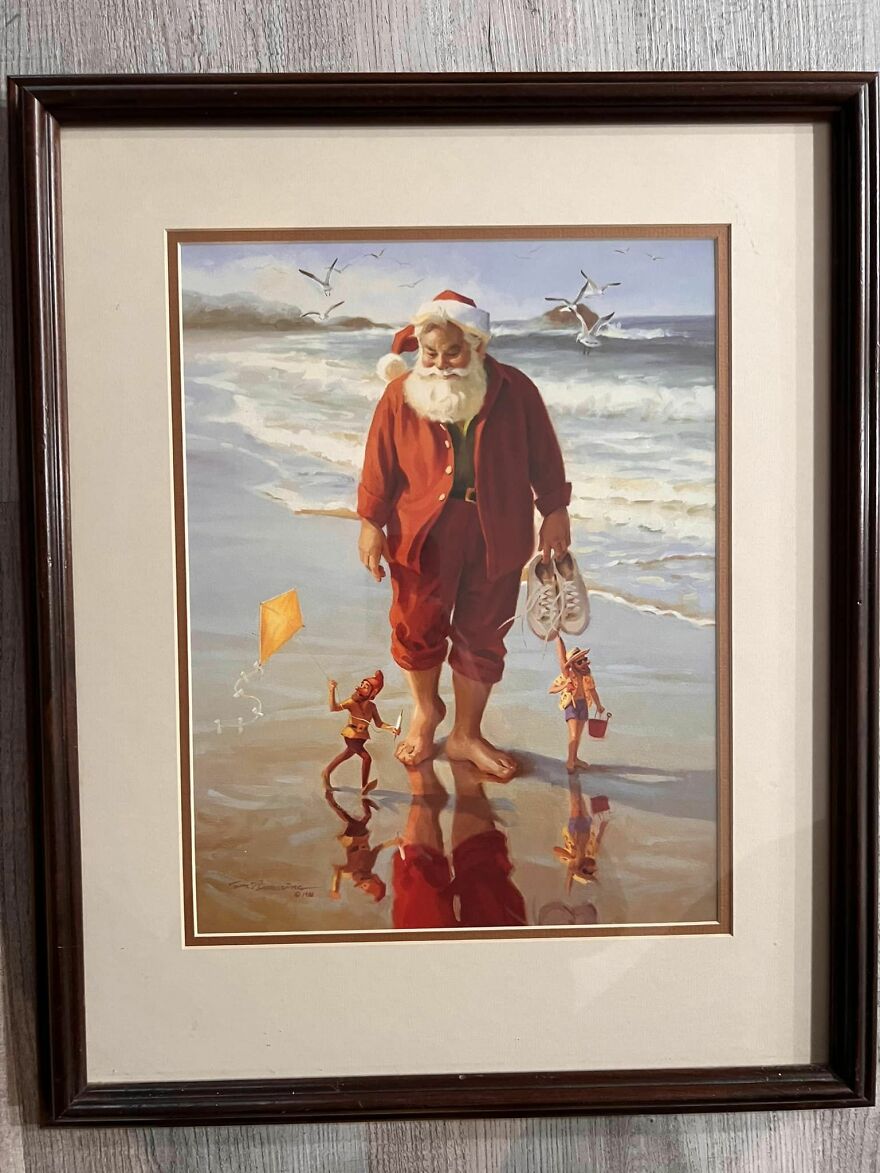 Found For $15 Via Local Marketplace In Philly Suburbs. It’s So Beyond Perfect For My Mom’s House, Which Is Down The Shore. She’s Going To Love Every Detail. The Delighted Little Elves’ Faces, Santa Carrying His Shoes And Putting His Toes In The Sand. It Brings Me Joy Every Time I Look At It, And We Are Sad To Wrap It Up To Give To Her For Christmas! My Kids Are In Love. I Can’t Find Anything About The Artist As I Can’t Quite Make Out The Name. It Was Painted The Year I Was Born, Which Makes It Feel Even More Serendipitous. Happy Holidays!