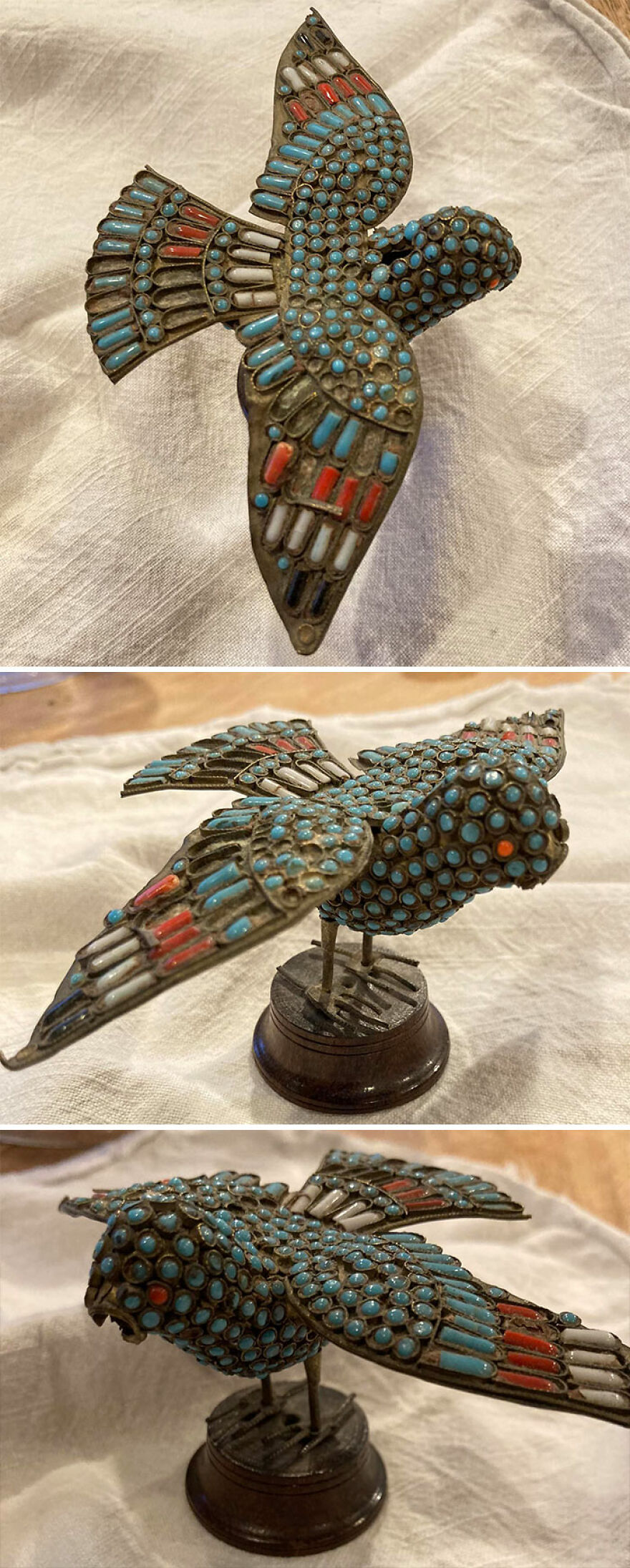 Found This Bird Today In An Antique Shop; It’s A Little Worse For Wear, Missing Its Beak And Several Of The Stones/Beads(?) But I Fell In Love With It. For $18 It Came Home With Me. No Makers Marks Anywhere On It